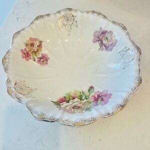 Antique Dresden China Floral Scalloped Serving Bowl Gold Gilt Porcelain 11”